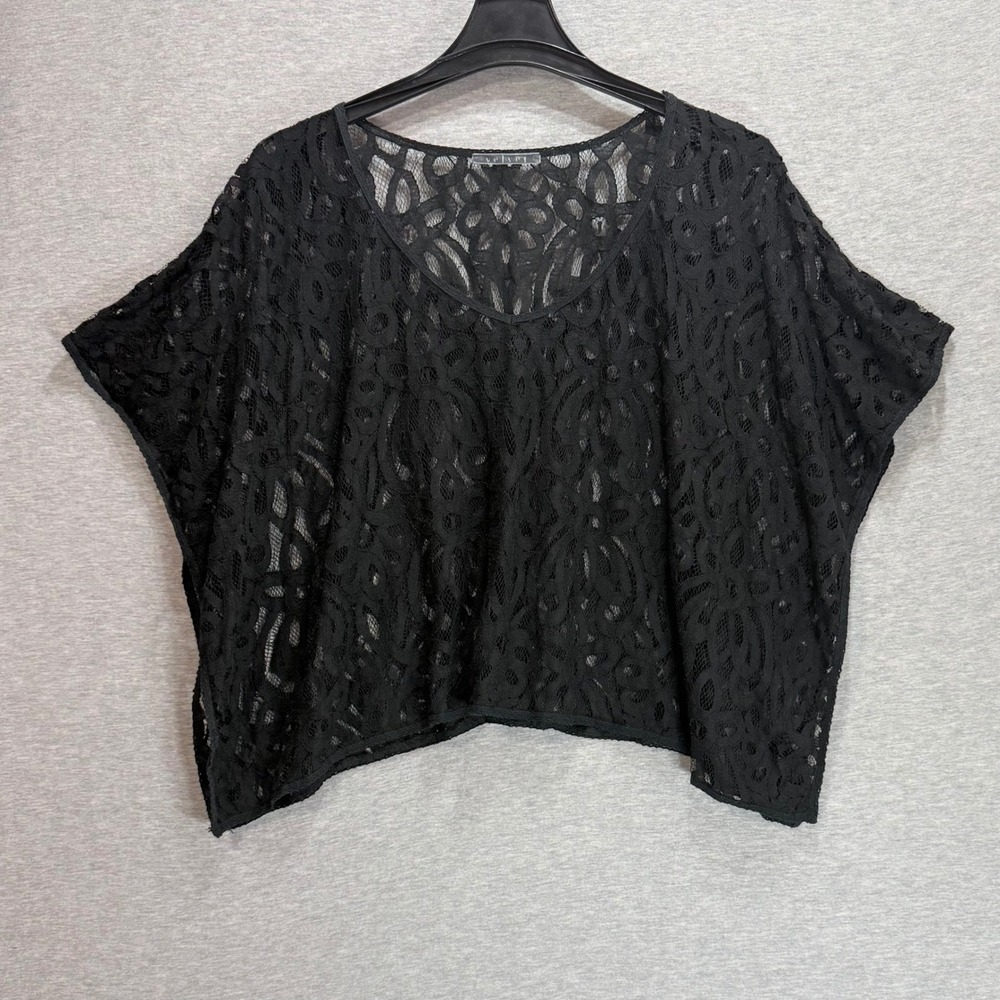 Velvet Lace Crop Top Womens Small Black Sheer V-Neck Boho Layering Whimsigoth